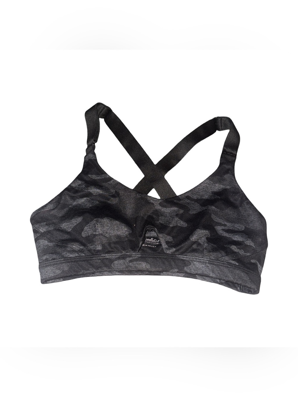 Bombshell Sportswear Black Camo Wireless Sports Bra with Cross-Back Straps